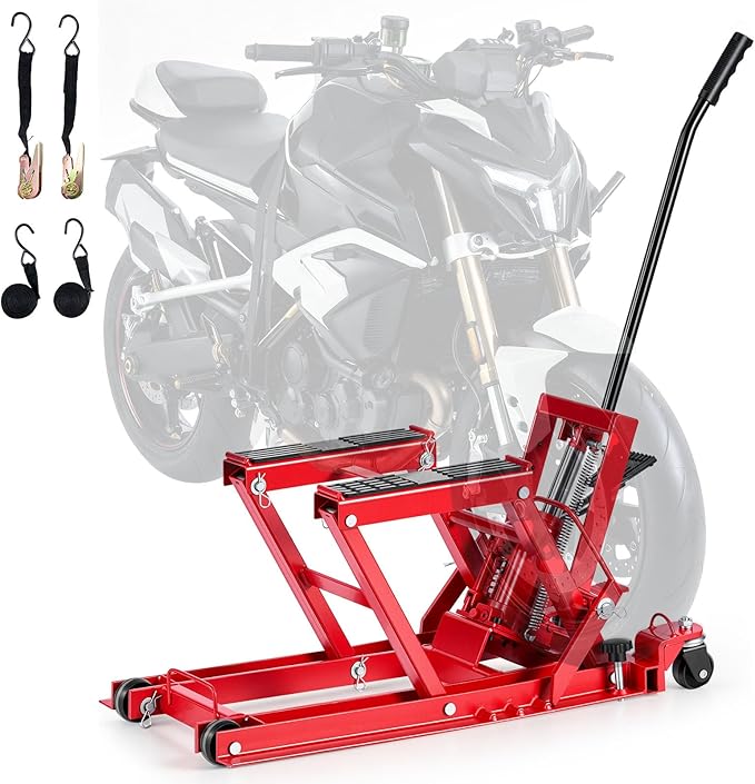 VEVOR Hydraulic Motorcycle Lift Jack, 1500 lbs Capacity, ATV Lift Jack Portable Motorcycle Hoist Stand with 4 Wheels, 4.5"-15.2" Height Range, Hydraulic Foot-Operated Hoist Stand for ATVs, Dirt Bikes