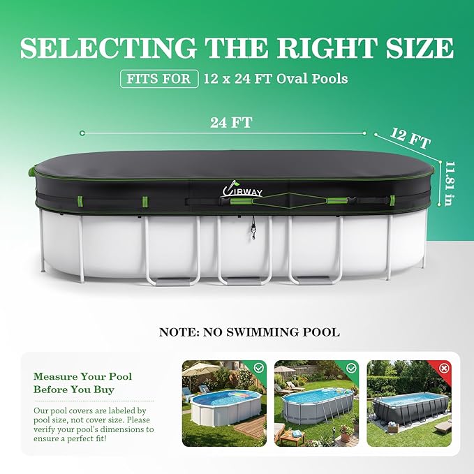 UIRWAY 500D Pool Cover 12x24FT Oval [2026 Upgraded Heavy Duty Fabric] Solar Pool Covers for Above Ground Pools, Swimming Pool Covers Including Windproof Straps and Luminous Ground, UV Resistant