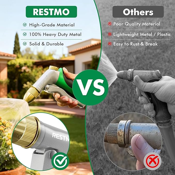 RESTMO Heavy Duty Metal Water Hose Nozzle, High Pressure Garden Hose Nozzle, Hose Sprayer Nozzle with Adjustable Spray Patterns for Garden Watering, Car Washing, Patio and Pet, Green