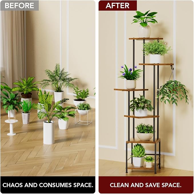 Homsorout Plant Stand Indoor with Grow Light - 6-Tier Metal Plant Shelf with Hanging Basket Hook, Corner Tall Flower Holder for Multiple Plants, Living Room Balcony Garden Patio, Rustic Brown