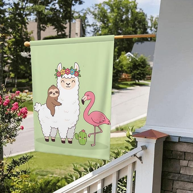 Delerain Llama Sloth Flamingo Garden Flag, 28 x 40 Inch Double Sided Design Weather Resistant Indoor & Outdoor Decoration Small Banner for Home Yard Lawn Patio Office