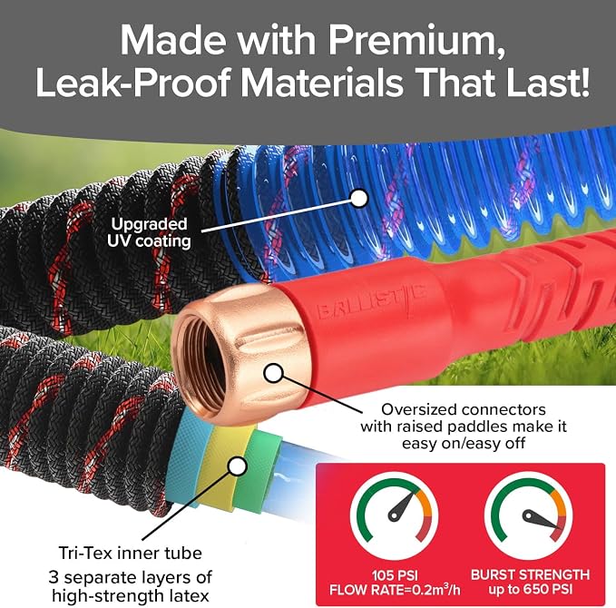 Pocket Hose Ballistic 100 FT Expandable Garden Hose w/Pocket Pivot Swivel Connector, Anti-Burst Sleeve Reinforced with Bulletproof Fiber, Lightweight, No-Kink, Compact, UV-Protected, AS SEEN ON TV