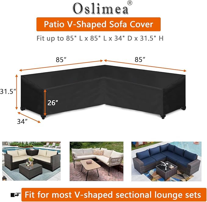 Oslimea Patio V-Shaped Sectional Sofa Cover 85" x 85" 600D Heavy-Duty Patio Furniture Cover Garden Couch Protector for Deck, Lawn and Backyard
