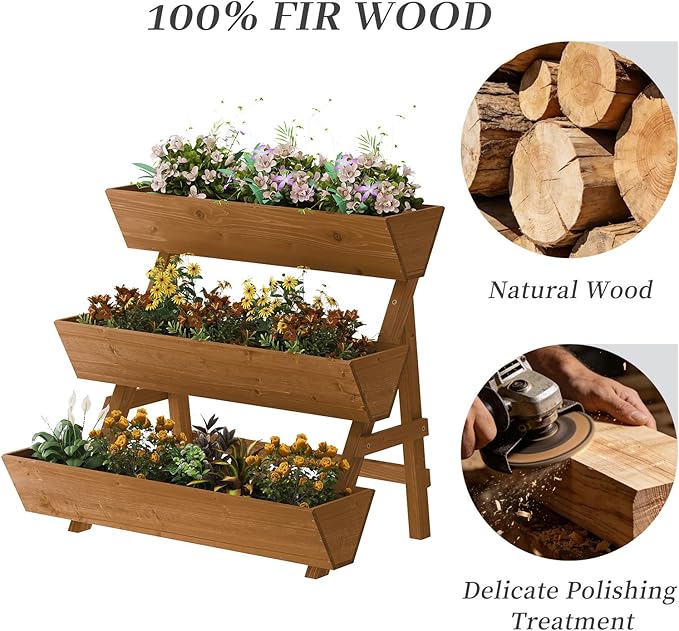 Kitsanery 3-Tiers Wooden Raised Garden Bed,Wood Planter Box for Vegetable,Flower Rack,Flower Pot Stands,Indoor Outdoor Gardening Planting Beds (Brown, Large)