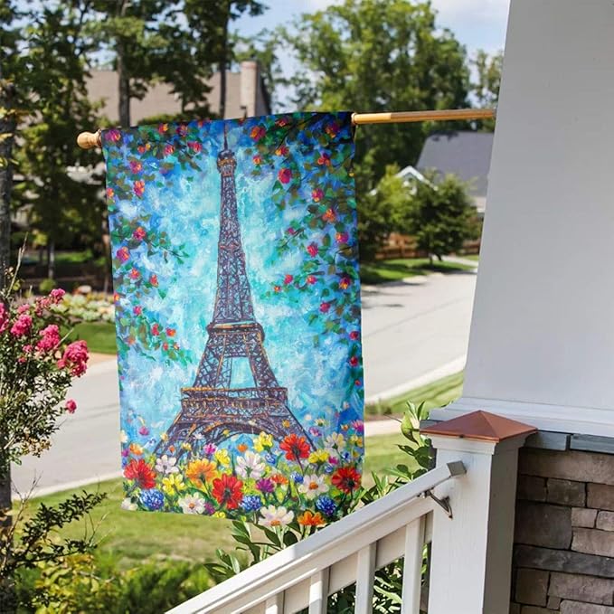 Delerain Eiffel Tower Spring Flowers Garden Flag, 12.5 x 18 Inch Double Sided Design Weather Resistant Indoor & Outdoor Decoration Small Banner For Home Yard Lawn Patio Office