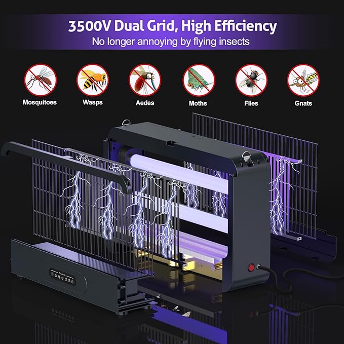 Electric Bug Zapper Indoor, Mosquito Zapper with 3500V Powerful Dual Grid & Remote, Fly Zapper Fly Trap Insect Killer for Patio Yard Home Kitchen Camping - Including 2 Replacement Bulbs (Grey)