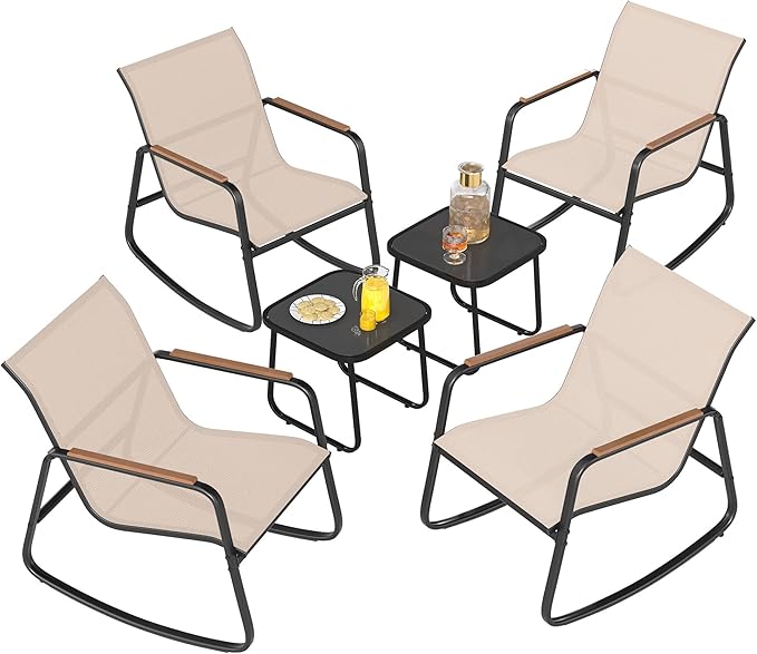 YITAHOME 6 Piece Rocking Bistro Set, Outdoor Patio Furniture Set with Wooden Armrests, 4 Porch Chairs with 2 Glass Table for Lawn, Garden, Balcony, Poolside, Beige