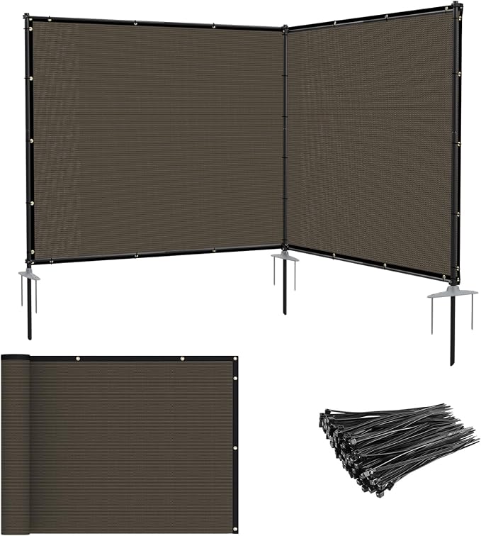 Patio 5' x 12' Outdoor Privacy Screen Freestanding Temporary Fence Panels Net Cover with Metal Poles for Outside Backyard Pool Garden Air Conditioner Fencing, Brown