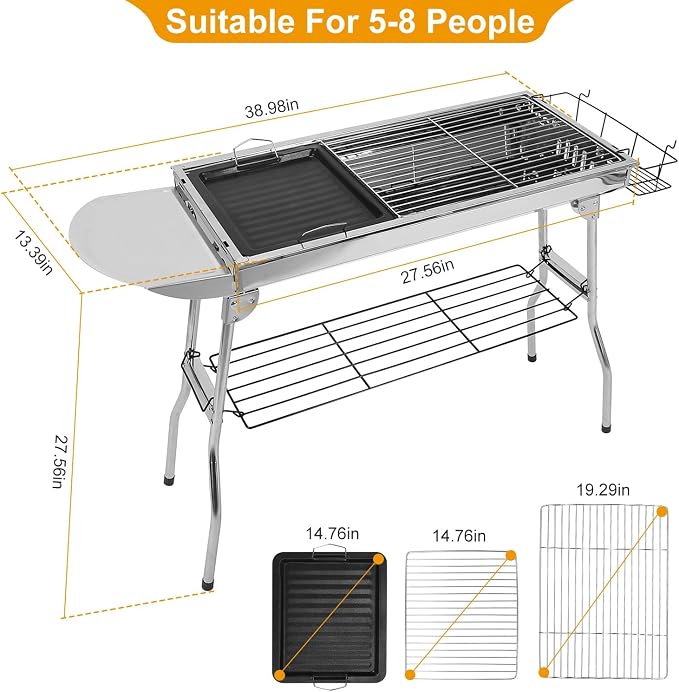 Portable Charcoal Grill, Large Stainless Steel Folding Grill with Side Table & Storage, Barbecue for outdoor Cooking Camping Parties Garden, Backyard Grilling and Family Picnics (39x13x28 In)