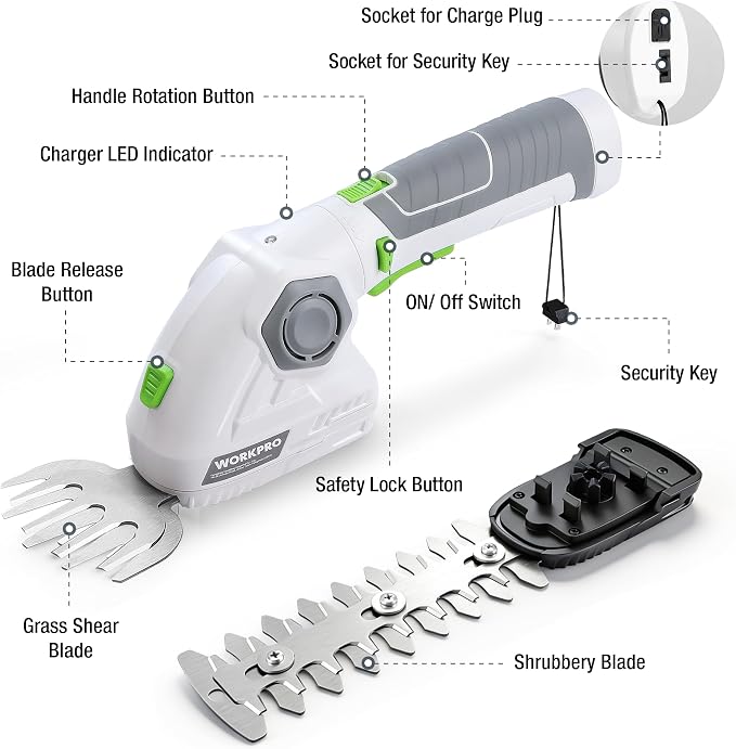 WORKPRO Cordless Grass Shear & Shrubbery Trimmer - 2 in 1 Handheld Hedge Trimmer 7.2V Electric Grass Trimmer Hedge Shears/Grass Cutter 2.0Ah Rechargeable Lithium-Ion Battery and USB Cable Included