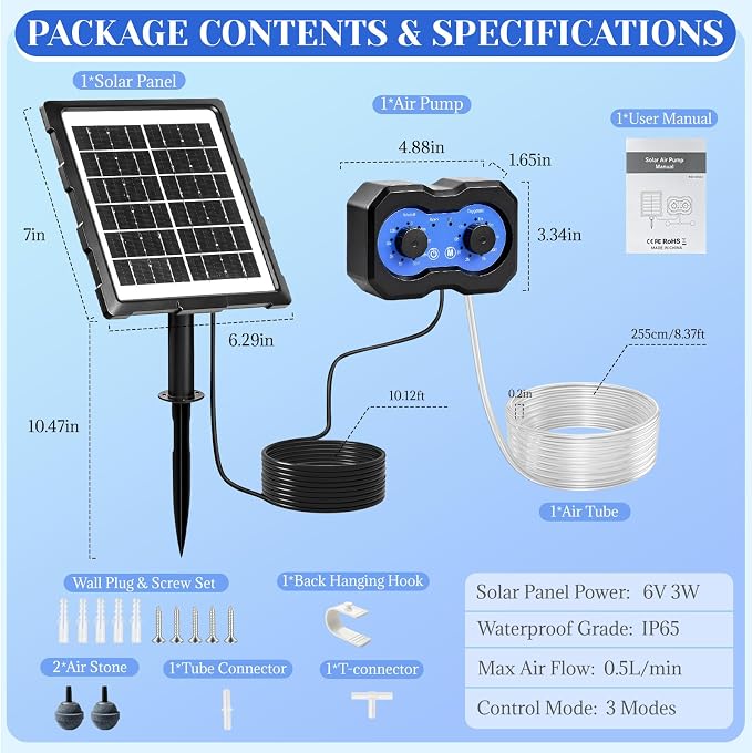 Yeomi Solar Aerator for Pond, 3W Solar Air Pump, 2 Working Modes (18H/36H), Solar Pond Oxygen Pump for Hydroponics, Fish Pond, Fish Tank, Outdoor Fishing