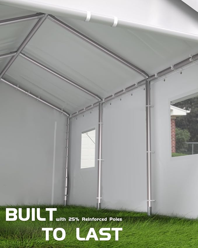 Hipicute 12x20x11 Ft Heavy-Duty Portable Garage with Canopy Top, Front and Back Doors, Roll-Up Windows, Carport Reinforced Structure for Cars, Trucks, Boats, and Parties - White.
