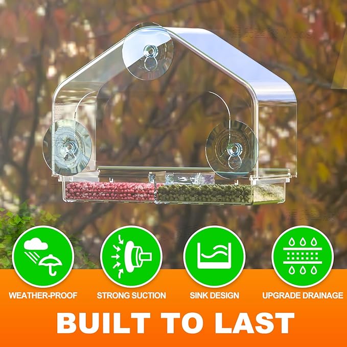 Window Bird Feeder,Powerful Suction Cups,House Bird-Watching Windows,Squirrel Proof Bird Feeder,Drainage Hole,Removable Tray,Large Capacity Seed Storage,The for Bird Lovers