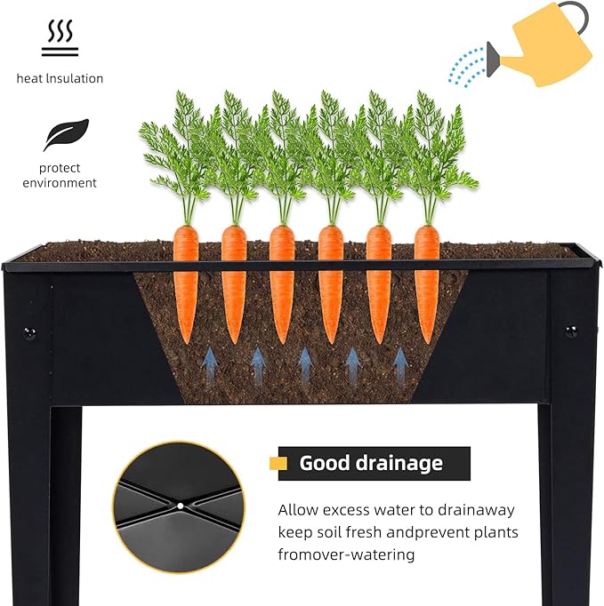 Raised Garden Bed, Elevated Planter Black Metal Plant Box with Legs Standing Garden Stand Drainage Holes Black(24" L x 11" W x 18" H)