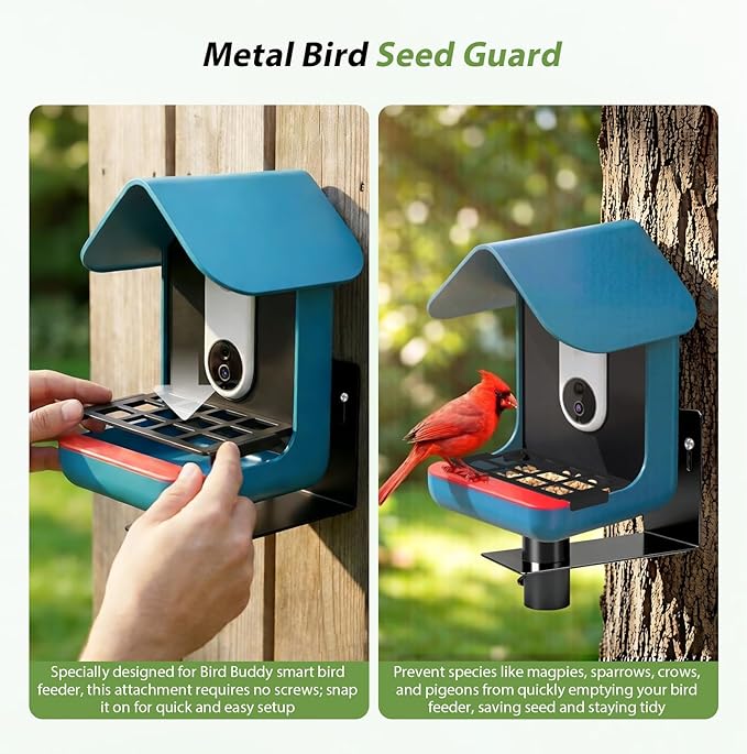 Versatile Bird Feeder Wall Mount for Bird Buddy, with Metal Bird Seed Guard/3 Pcs Perch Extender & Side Fence/Metal Suet Ball Holder, for Outdoor Durable, Weather-Proof