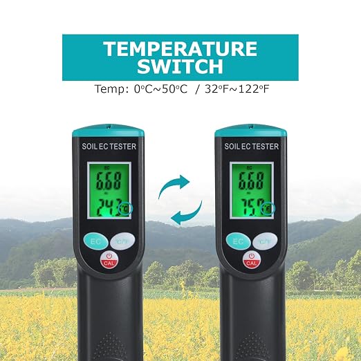 Digital Soil EC Meter 2-in-1 Porfessional Plants EC Temperature Tester Meter with Corded Sensor, Backlight LCD Display, Temperature Compensation, Easy Calibration for Soil Plants Lawn Nutrient Test