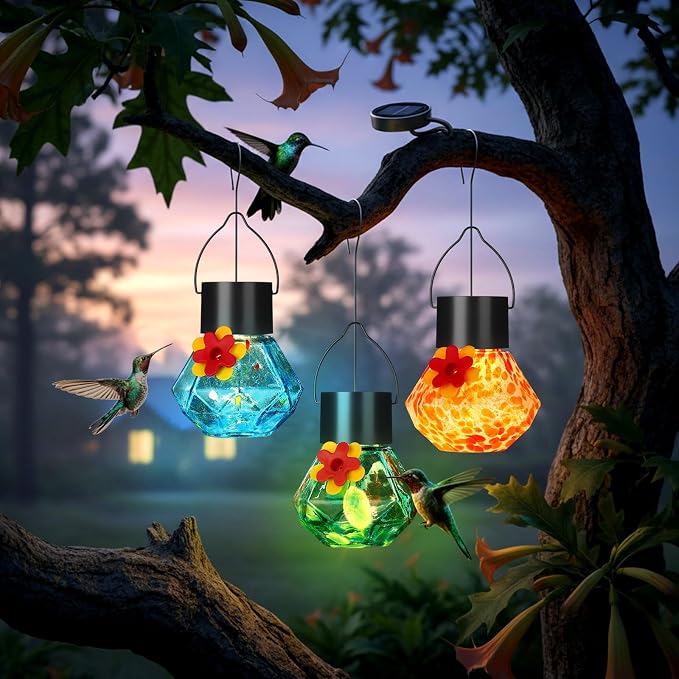 Nuogo 3 Pcs 3.54 Inch Blown Glass Hummingbird Feeders Solar Powered Hummingbird Feeder with LED Light for Garden Outdoors Window Decor Valentine Hanging Gifts Ant and Bee Resistant (Color C,Novel)