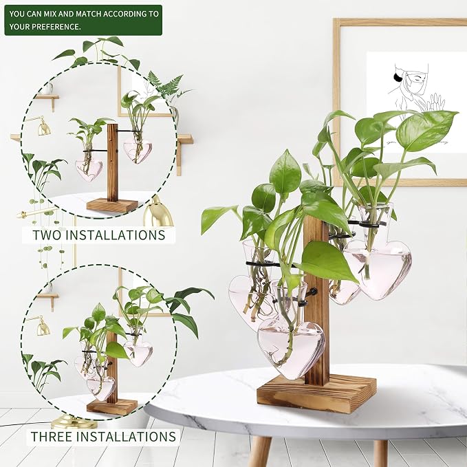 Plant Terrarium Propagation Stations with Wooden Stand | Glass Vase for Indoor Hydroponics Home Garden Office Decoration Gift for Women - 4 Love Bulb Vase