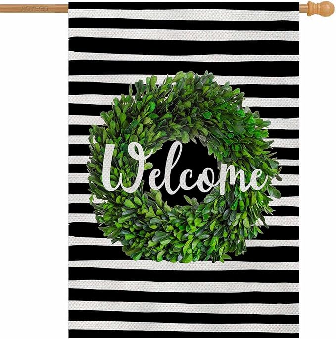 AOYEGO Boxwood Wreath Welcome House Flag 28 x 40 Inch Large Vertical Double Sided Black and White Stripes Background Seasonal Outside Décor for Garden Yard Farmhouse Flags