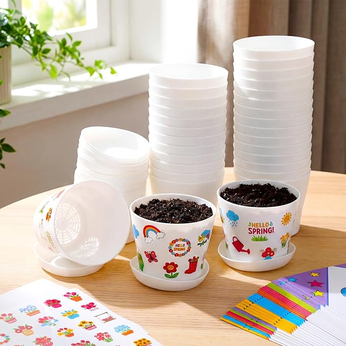 Domensi 30 Pack Garden Pot Craft Kit 4 Inch DIY Hello Spring Crafts for Kids Bulk Plastic Flower Plant Pot Plastic Planter with Tray Drainage Holes with Tag, Certificate of Award, Sticker