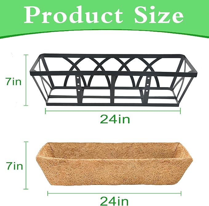 2 Pack 24 Inch Window Sill Fence Planter Pots Black Metal Window Sill Planter with Coco Backing Wall Mounted Home Planter Hanging Basket