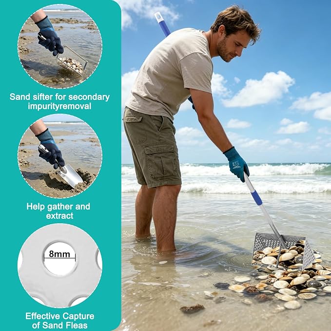 Sand Flea Rake, 65 Inches Long Handle, Stainless Steel Shark Tooth Sifter, Detachable 11-Inch-Wide Drainage Mesh Beach Sand Sifter for Collecting Sand Fleas, Shells and Shark's Teeth