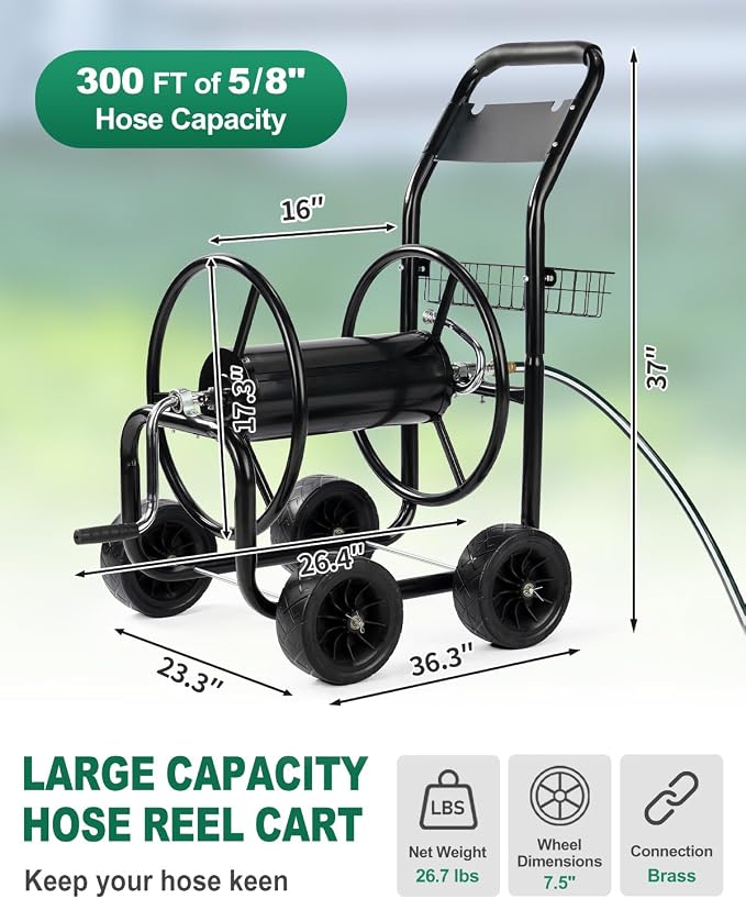Outvita Garden Hose Reel Cart, Heavy Duty Water Hose Cart for Outside, Lawn Watering, for Garden, Yard, Lawn, Farm, Hold Up to 300 ft of 5/8’’ Hose, 4 PU Wheels, Storage Basket (Green)