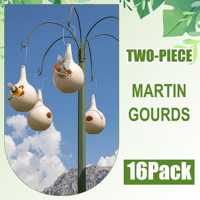 LemonRoad 16 Pieces Martin Gourds Wild Bird Lover's Purple Martin Gourd House 1.25" Entrance 8" Nest Chamber Plastic White Bird House for Outdoors Yard Garden Shepherd's Pole