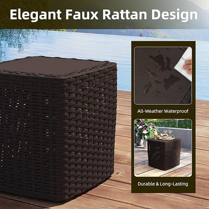 14 Gallon Outdoor Storage Box, Faux Rattan Deck Box with Removable Lid & Lockable Feature, All-Weather Waterproof Storage Bench for Poolside, Garden Tools Delivery Packages, Brown