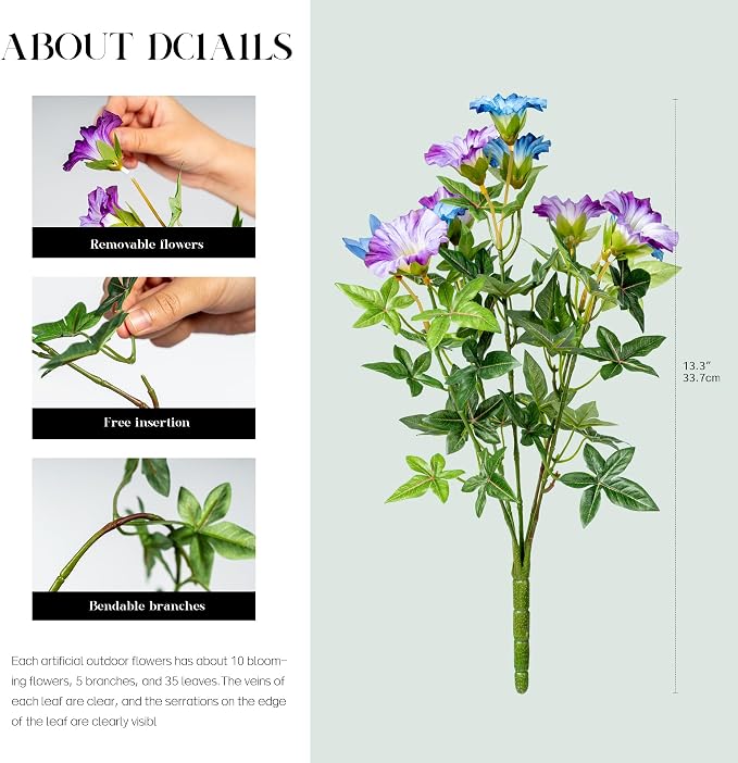 Blue Purple Artificial Morning Glory Flowers for Outdoor Planters, Premium UV Resistant Silk Faux Flowers for Porch, Hanging Basket & Window Box, Cottage Garden Decor, No Pot, 13.3 Inch, 8 Bundles