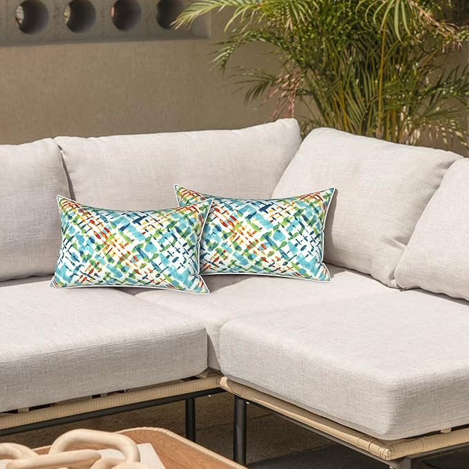 LVTXIII 2 Pack Outdoor Lumbar Pillow Covers 12x20 Inch with Piping, Water-Repellent Back Cushion Covers ONLY for Patio Furniture, Sofa, Garden Bench, Acapa Opal Geometric