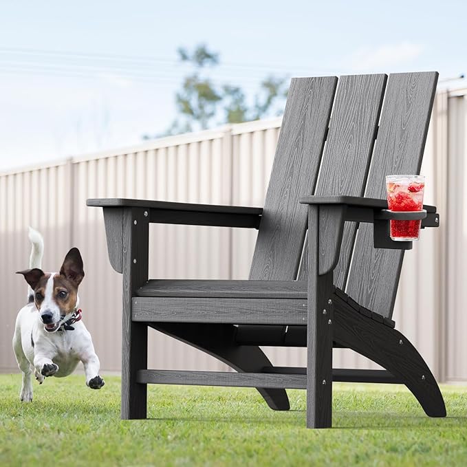 Modern Adirondack Chair with Cup Holder, HDPE Plastic Patio Chairs for All Weather, Fire Pit Chair, Outdoor Lawn Chairs for Deck, Porch, Backyard, Garden, Slate Gray