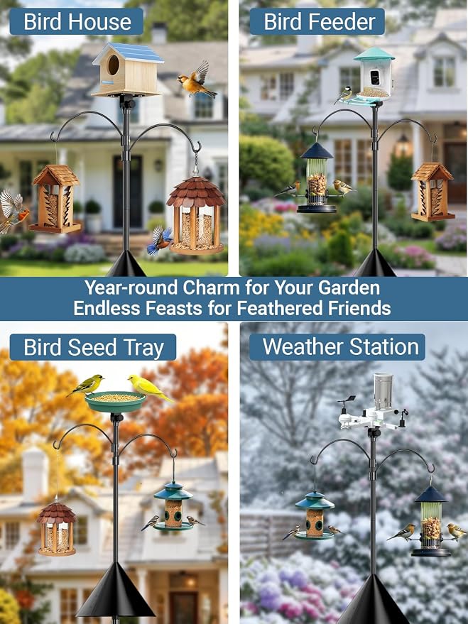 92 inch Bird Feeder Pole Squirrel Proof, Heavy Duty Bird Feeder Stand, Adjustable Tall Bird House Pole with Dual Shepherds Hooks for Backyard&Outdoor Garden Bird Houses, Cameras, Weather Station