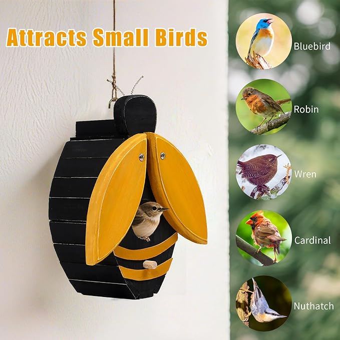NATUREYLWL Bird Houses for Outside, Bee-Shaped Birdhouse Attracts Wild Birds (Bluebirds, Finches, Cardinals), Durable Wood Bird House with 4 cm Entrance Hole,Unique Garden Decor,Weather-Resistant