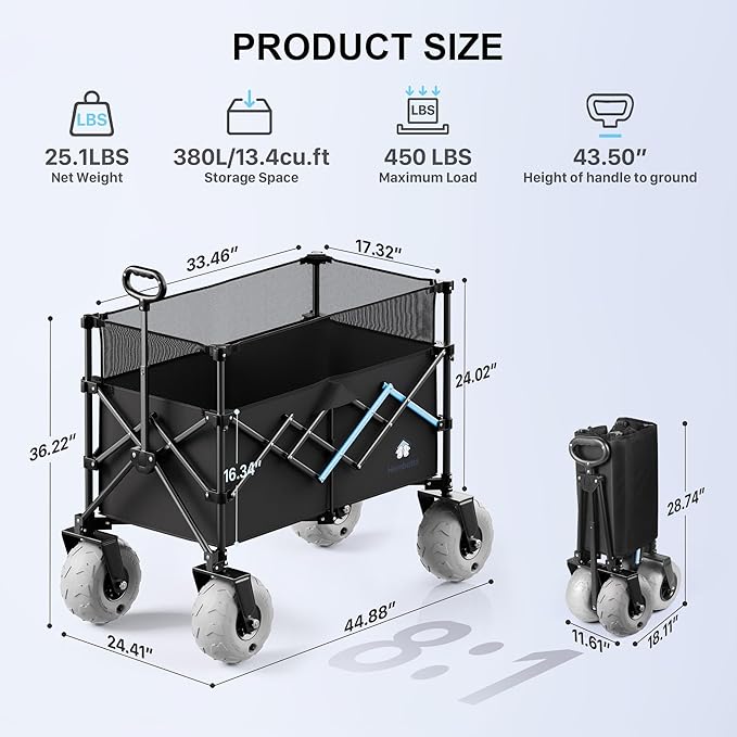 Beach Wagon with Big Wheels for Sand, 450LBS Heavy Duty Foldable Collapsible Wagons Carts with 9" All Terrain Inflatable Tires, Adjustable Capacity 200L–380L for Groceries, Camping, Sports