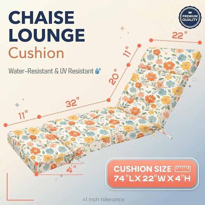 MAGIC ELEPHANT Chaise Lounge Cushion Outdoor, Memory Foam Patio Lounge Chair Cushion with Ties for Outdoor Furniture, 74 x 22 x 4 Inch (Multicolor Floral)