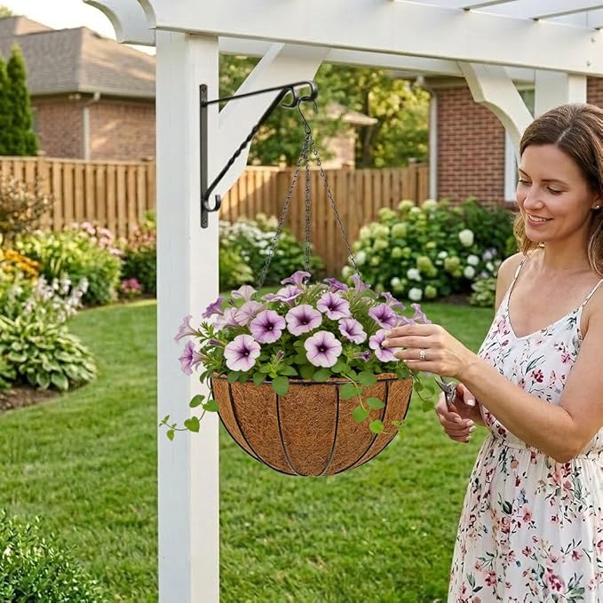 14 Inch Metal Hanging Basket with Coco Coir Liner for Flowers Planting, 4 Pack Hanging Baskets for Plants Outdoor, Round Wire Planters with Chain for Home Patio Porch Balcony Garden Decor
