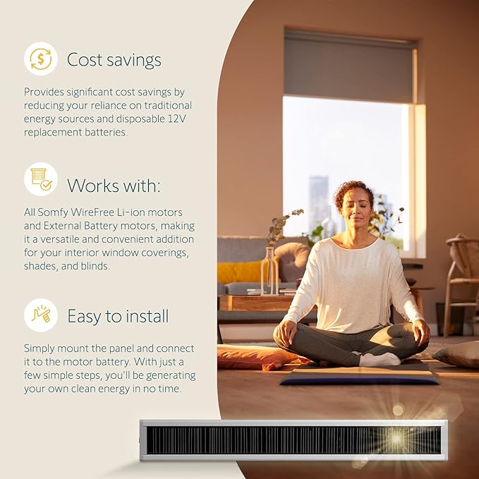 Somfy Wirefree Li-ion Solar Panel Kit - Solar Power for RTS Shades & Blinds - Long-Lasting, Easy Install - Includes Brackets, Glass Mount Adhesive - #9027294
