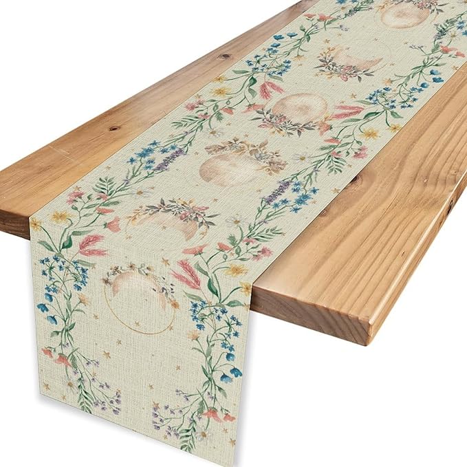 Floral Moon Table Runner, Boho Rustic Spring Flower Moon Phase Seasonal Mystical Gothic Coffee Table Center Decor for Family Kitchen and Living Room Outdoor Farmhouse Table Decorations, 13"x36"