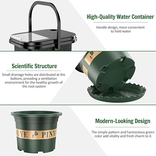 Solar Drip Irrigation System Kit,TRJZWA Solar Powered Auto Plant Watering Device with 10 Pack Plastic Plant Pots(4.5’/6’) & 3.5 Gallons Handy Bucket for Carry