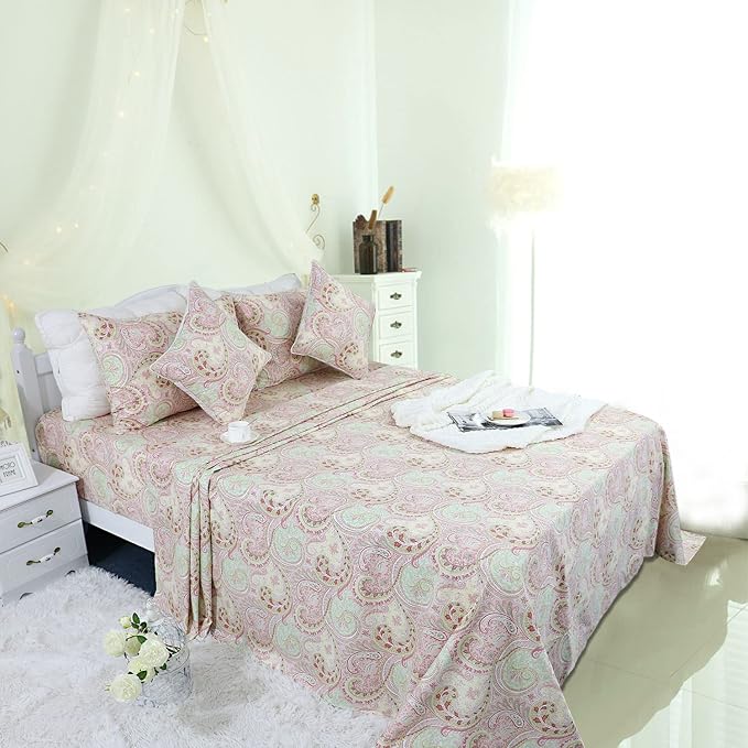 FADFAY 4 Piece Pink Paisley Bed Sheet Set Luxury Bedding Sets Designer Bedding Collections 800 Thread Count 100% Egyptian Cotton Deep Pocket Full