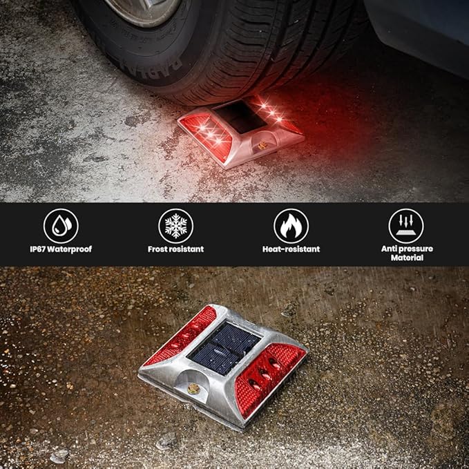 Solar Raised Pavement Marker High Brightness IP68 Waterproof Solar Powered Reflector Road Solar Blinker Light for Anti-diecast Aluminum Protruding Signs Safety Warning (Red)