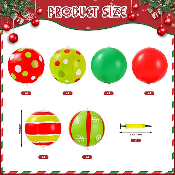 24 Pcs 7.5 Inch Christmas Inflatable Ball 6 Style Outdoor Hanging Ornament Blow Up Xmas Inflatable Ornament PVC Christmas Decoration Ball for Yard Lawn Porch Garden Front Door Holiday Decor(Red&Green)