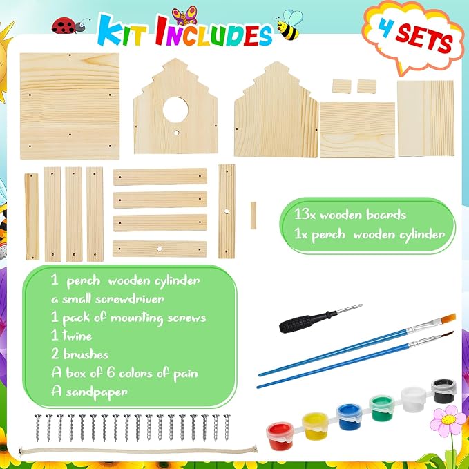 Juexica 4 Pack DIY Birdhouse Kits for Kids Ages 6+ Build and Paint Wooden Bird House Arts and Craft Project with Paint Strips Brushes for Boy Girl Adult Classroom Indoor Outdoor Crafts (Groovy)
