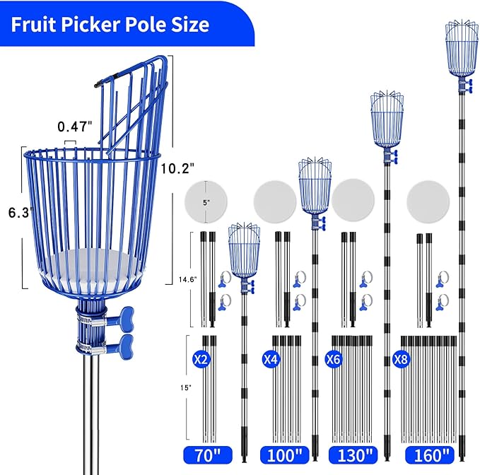 Fruit Picker Pole with Basket, Adjustable Fruit Tool for Apple Avocado Cherry Citrus Lemon Orange Peach Picking(40-130")