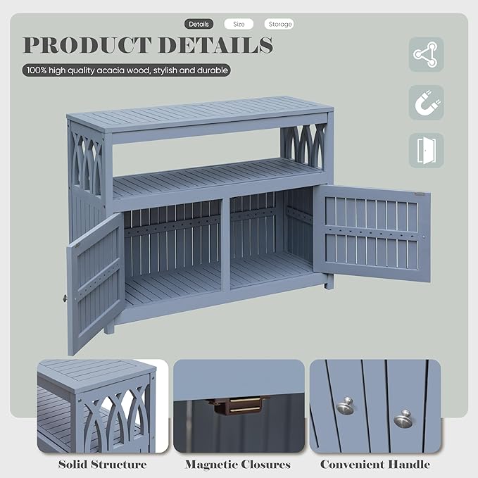 Devoko Acacia Wood Patio Cabinet with 2 Magnetic Doors and Shelve for Outdoor Storage, TV Stand, Potting Table (Gray)