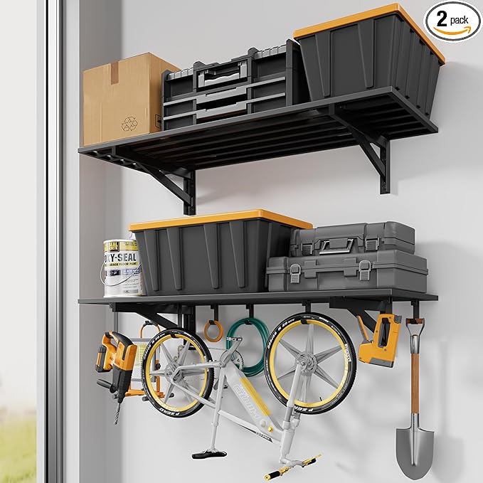 Jusgym 2-Pack 1.5x4ft Garage Shelving Wall Mounted, 1.5' x 4' Heavy Duty Garage Storage Shelves with Hooks, 500LB Capacity
