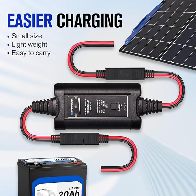 10A MPPT Solar Charge Controller, ATEM POWER 12/24 Volt Intelligent Portable Solar Panel Controller for Solar Panels, Solar Regulator with LED Indicate for Gel AGM Lead-Acid, LiFePO4, Lithium Battery