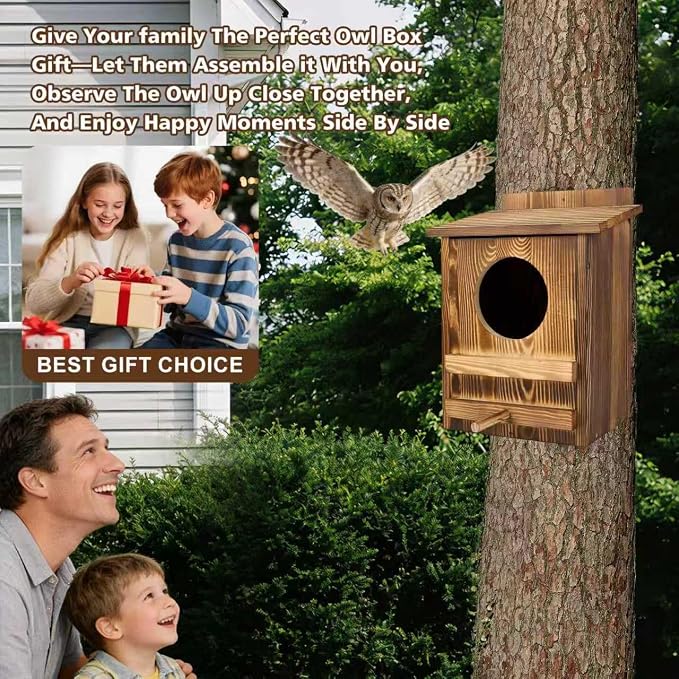 2PCS Owl Houses for Outdoors, 16.1x11.8x9.5-inch Large Carbonized Owl Nesting Boxes for Outside, Waterproof & Ventilated Design， Designed Specifically for Owls and Wildlife Nesting
