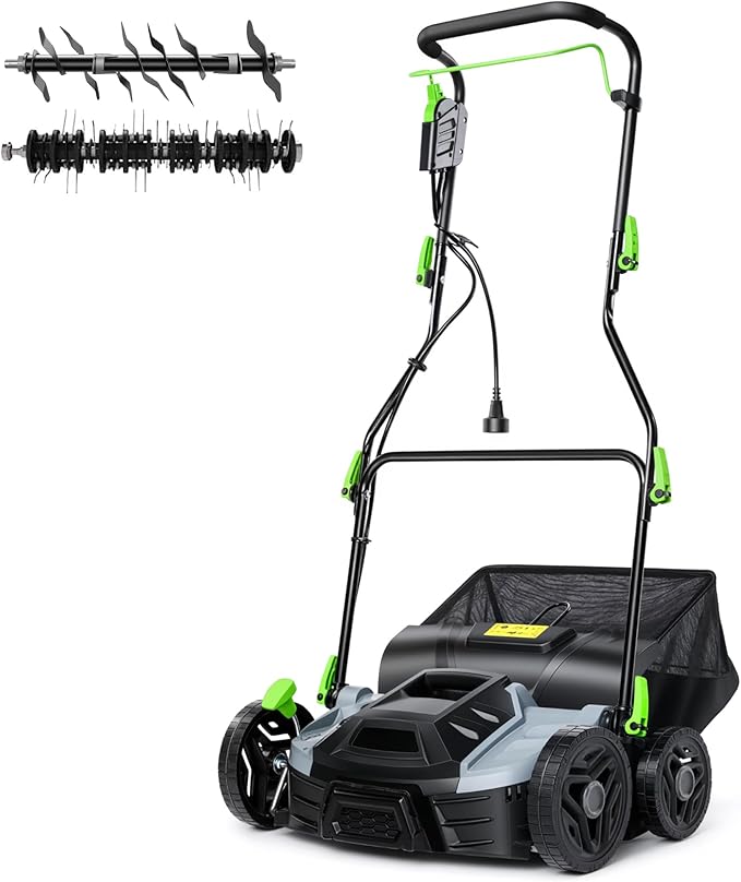 Garvee Electric Lawn Dethatcher Scarifier 15.5 Amp, 14-Inch Corded Dethatcher with 14.5 gal Collection Bag, 5-Position Depth Adjustment & 3-Height Adjustable Handle for Yard Care and Lawn Aeration